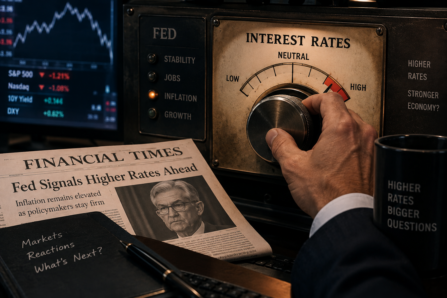 Close-up of a hand reaching to adjust a vintage analog gauge or dial, symbolizing economic adjustments and fine-tuning.