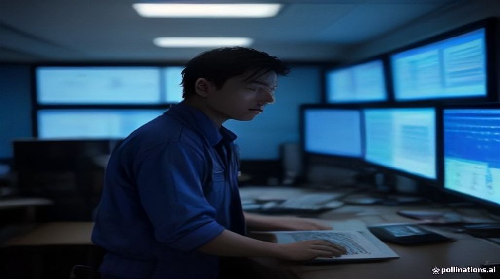 A technician seated at a workstation with Mitsubishi Electric GX Works3 open on the screen, surrounded by industrial control panels.